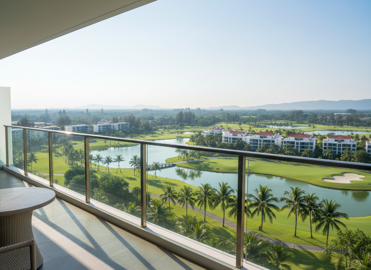 A panoramic, wide-angle view from a higher-floor condo balcony at Laguna Phuket, showing a glass railing with a slim aluminum profile and a small outdoor table with a neutral-toned surface. Beyond, manicured golf course greens, lakes, and distant low-rise resort buildings stretch toward a hazy blue horizon. Late-morning tropical sunlight produces clear, bright colors and gentle, natural shadows, creating a peaceful, premium resort atmosphere. The camera is positioned at railing height in photographic realism, emphasizing the seamless indoor-outdoor connection and the value of the view for both lifestyle and rental appeal, with sharp details throughout and a clean, brochure-ready composition.