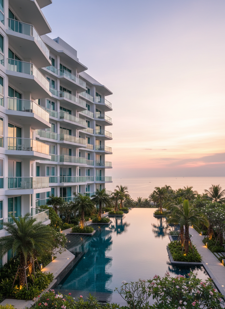 A high-rise luxury condominium exterior in Phuket at sunset, featuring clean white facades, expansive glass balconies, and a geometric infinity pool reflecting the soft pastel sky. The building is surrounded by lush tropical landscaping with manicured palms, flowering shrubs, and subtle pathway lighting. Warm golden hour sunlight grazes the structure, creating gentle highlights on glass railings and soft shadows along architectural lines. Captured in photographic realism from a slightly elevated angle to showcase the building, pool, and distant Andaman Sea horizon. The atmosphere feels aspirational yet professional, emphasizing premium resort-style living and solid development quality, with sharp focus throughout and a balanced, brochure-ready composition.