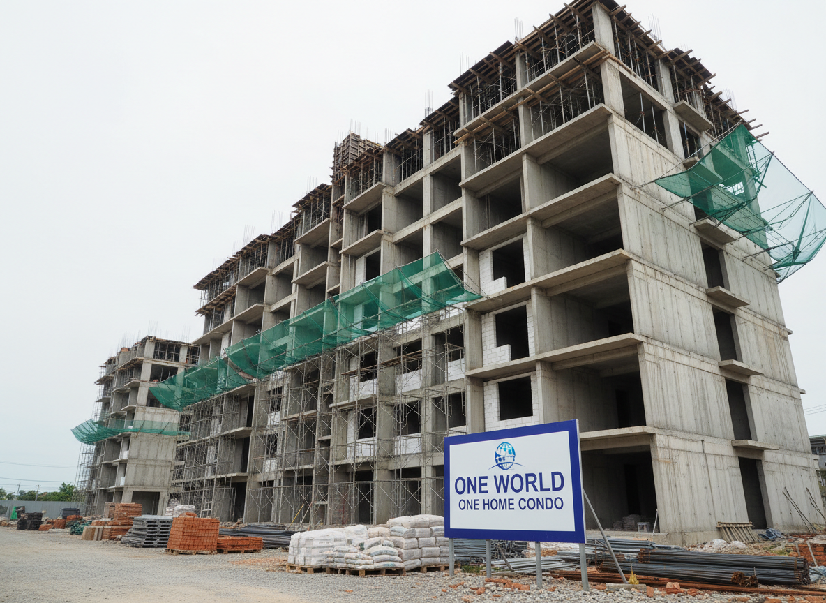 A construction progress scene of a mid-rise Phuket condo block, captured without workers, focusing instead on the structure itself. The reinforced concrete frame is mostly completed, with crisp formwork lines, safety netting, and scaffolding neatly arranged along the facade. A branded project signboard for One World One Home Condo stands in the foreground on compacted gravel, next to stacked materials and organized pallets. Overcast daylight creates even, neutral lighting that highlights structural details without harsh shadows. Photographic realism, shot from ground level with a slight upward angle, conveys professionalism, safety, and steady progress, suitable for a developer’s progress update page.