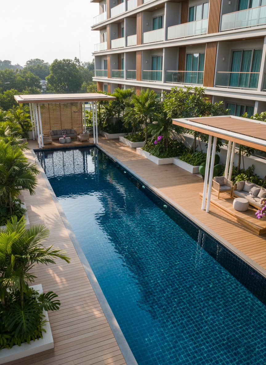 An elegant amenities deck for a Phuket condominium, showcasing a long rectangular swimming pool with deep blue mosaic tiles, surrounded by light timber decking and integrated planters with tropical foliage. Beside the pool, there is a shaded pavilion structure with a flat roof and slender columns, finished in white and natural wood tones. Late afternoon sunlight casts elongated shadows across the water, creating shimmering reflections and a resort-like mood. Captured in photographic realism from a slightly elevated angle, the image highlights the relationship between pool, deck, and adjacent low-rise building wing, conveying a serene yet upscale lifestyle suited to both end-users and investors.