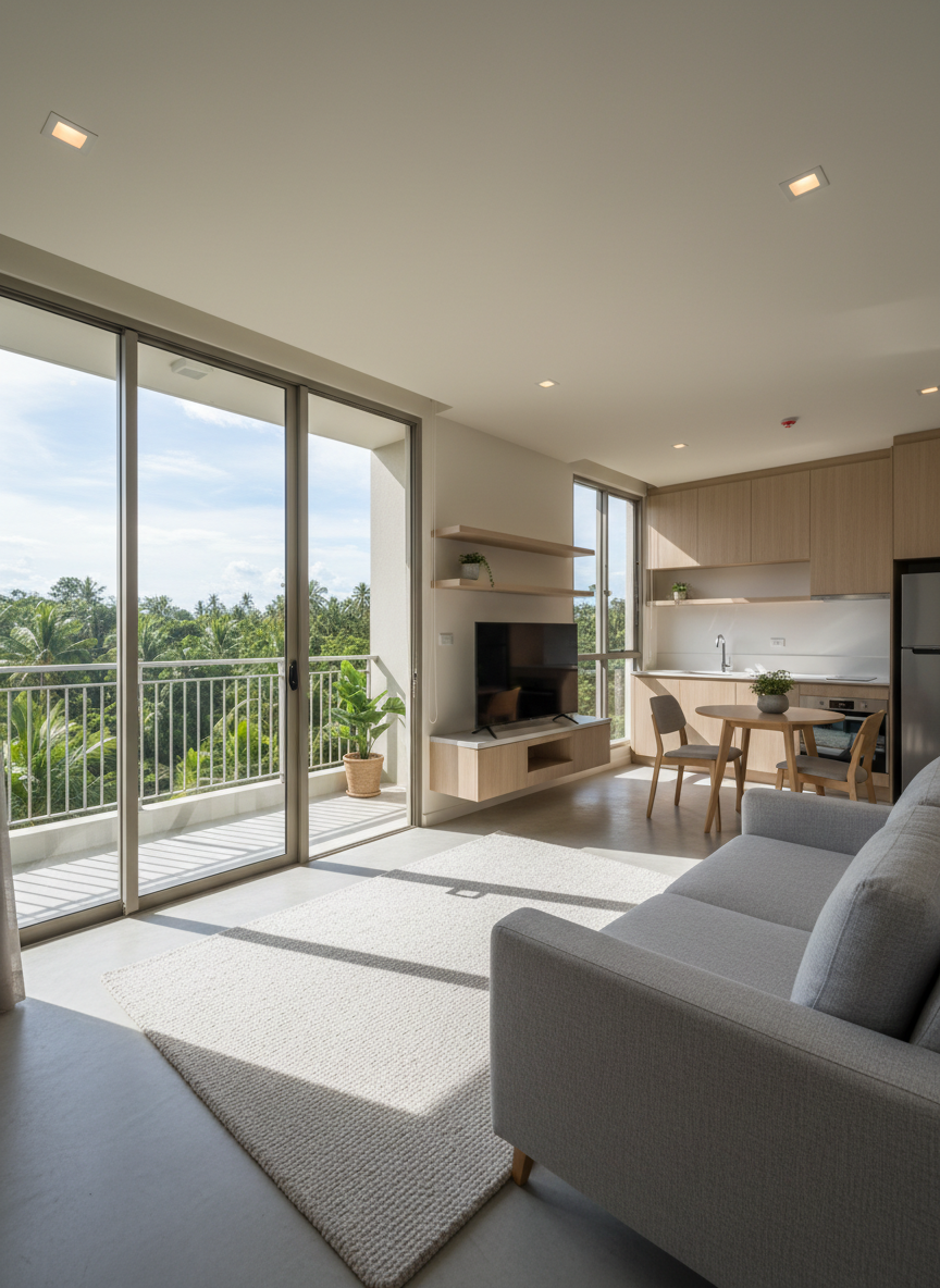A bright, fully furnished one-bedroom condo living area in Phuket with floor-to-ceiling sliding glass doors opening to a balcony overlooking Bang Tao greenery. The interior features a neutral palette of warm whites, light gray fabrics, and pale wood finishes, with a compact sofa, built-in TV wall, and a sleek open kitchenette with quartz countertops. Soft midday natural light pours in, creating gentle shadows and a welcoming atmosphere. Photographic realism, shot from a corner at eye level to capture the full layout and maximize perceived space. The composition is clean and uncluttered, ideal for showcasing unit design, functionality, and investment appeal to discerning buyers.