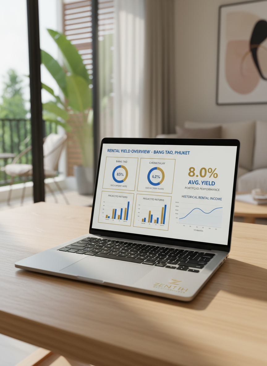 A minimalist, professional rental yield dashboard displayed on an open laptop placed on a light oak table in a bright condo interior. The screen shows a clean interface with charts, occupancy rates, and projected rental returns for units in Bang Tao, Cherngtalay, and Laguna, using a refined blue and gold color scheme. Behind the laptop, blurred elements hint at a tasteful living space and balcony greenery. Soft afternoon daylight from a side window creates gentle reflections on the laptop’s metallic body and subtle shadows on the tabletop. Photographic realism, shallow depth of field, and rule-of-thirds composition underline data clarity, investment confidence, and the developer’s transparent management approach.