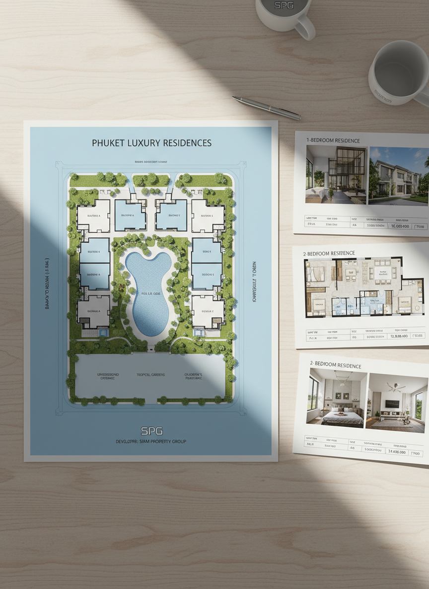 A detailed top-down shot of a printed master plan and floor plans for a Phuket condo project, laid out on a light wood desk. The master plan shows clearly defined building blocks, pool, gardens, and parking, with labels for Bang Tao and Cherngtalay surroundings. Next to it, several glossy brochure pages display one-bedroom and two-bedroom floor plans with dimensions and total price tables. Natural daylight from a nearby window illuminates the documents, producing soft shadows and crisp legibility. A neutral, professional photographic realism aesthetic and a carefully centered composition emphasize clarity of information, investment transparency, and the developer’s meticulous planning and credibility.