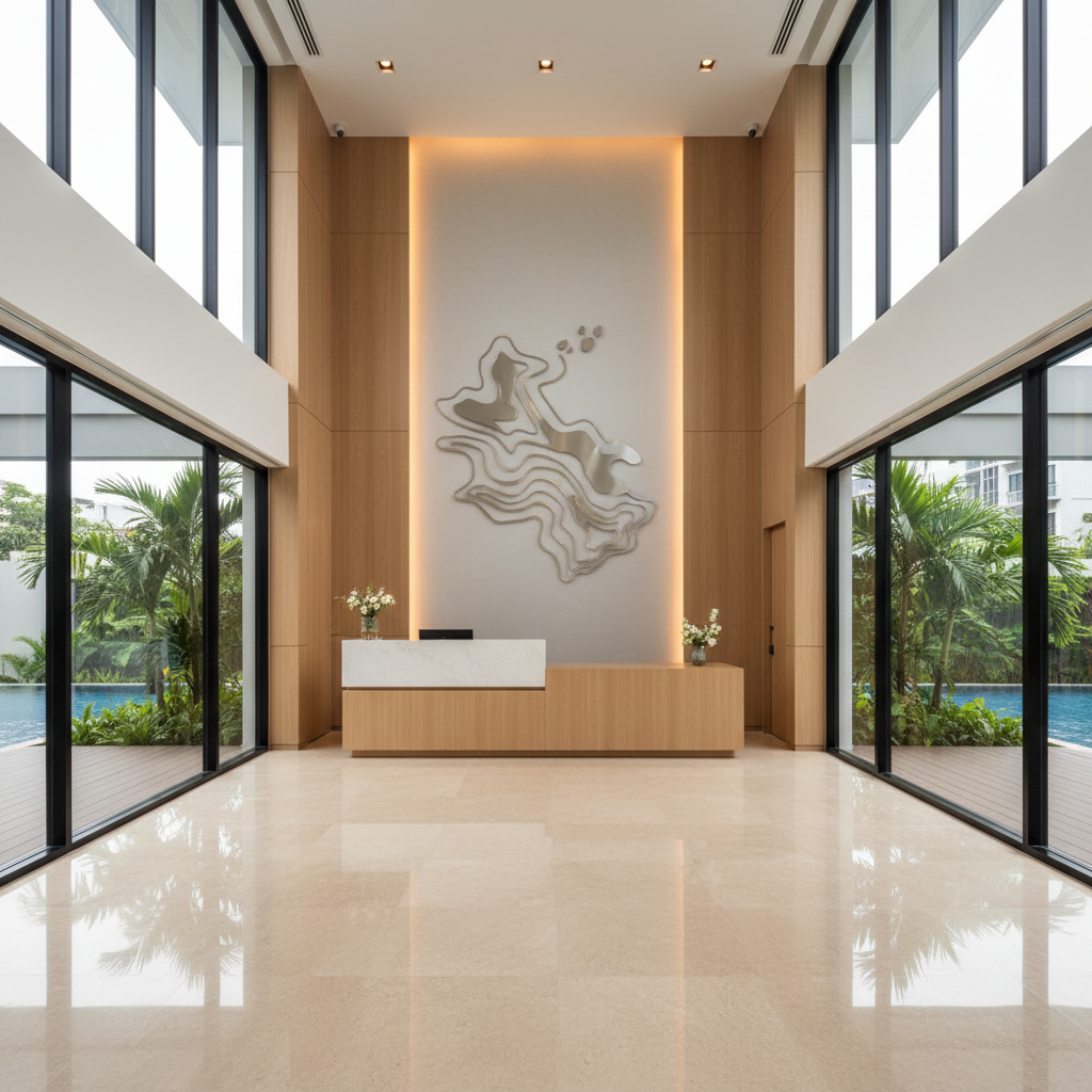 A modern One World One Home Condo lobby interior with a double-height ceiling, sleek beige stone flooring, and a minimalist reception desk finished in light oak and white quartz. Behind the desk, a refined wall installation displays an abstract map of Phuket in brushed metal. Floor-to-ceiling windows reveal tropical greenery and a glimpse of the pool deck. Soft, diffused daylight fills the space, complemented by warm recessed ceiling lights that create subtle reflections on the polished floor. Shot at eye level with wide-angle photographic realism, the composition emphasizes symmetry, clean lines, and a calm, professional mood that conveys trust, sophistication, and high-end developer branding.